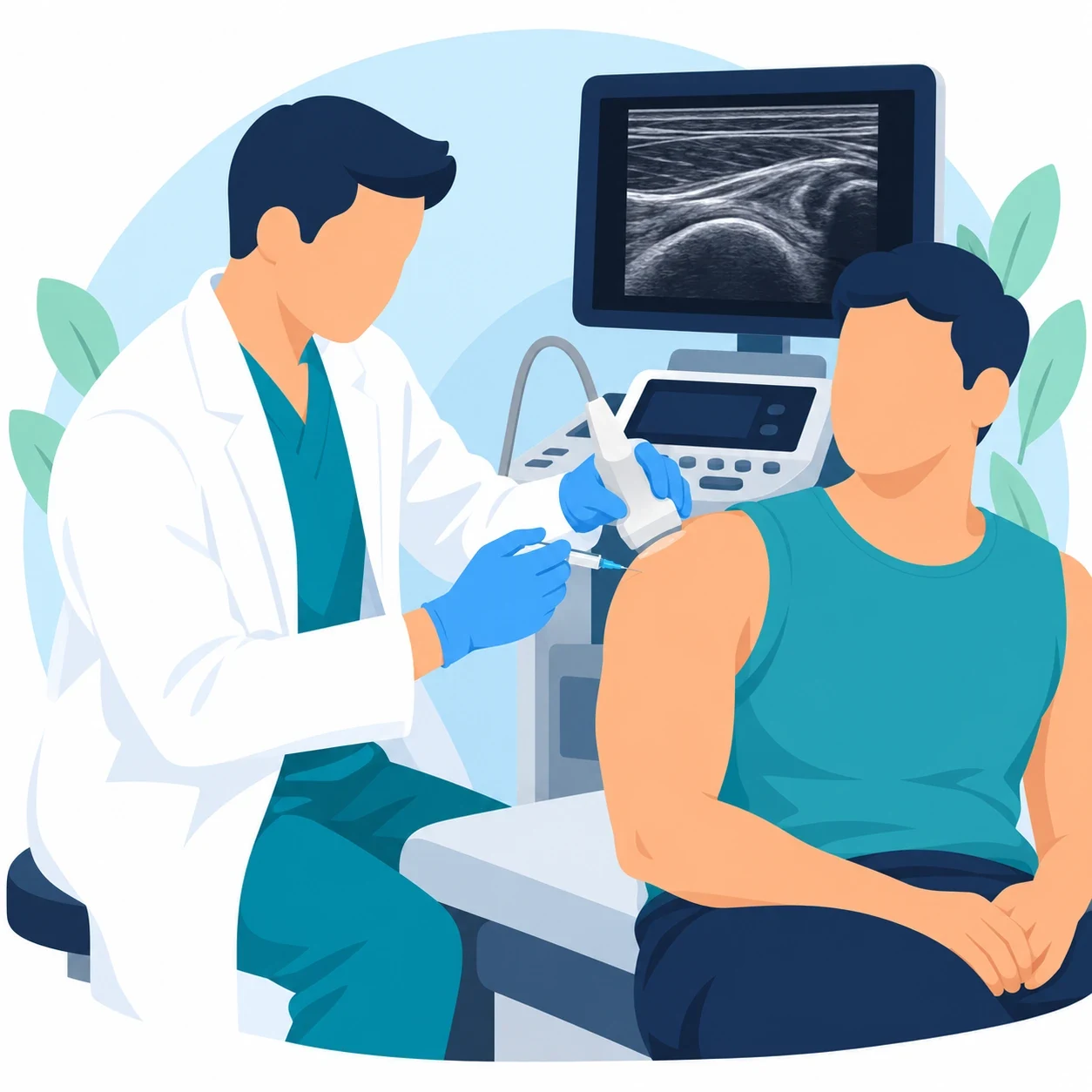 Illustration: a doctor giving an ultrasound-guided shoulder injection